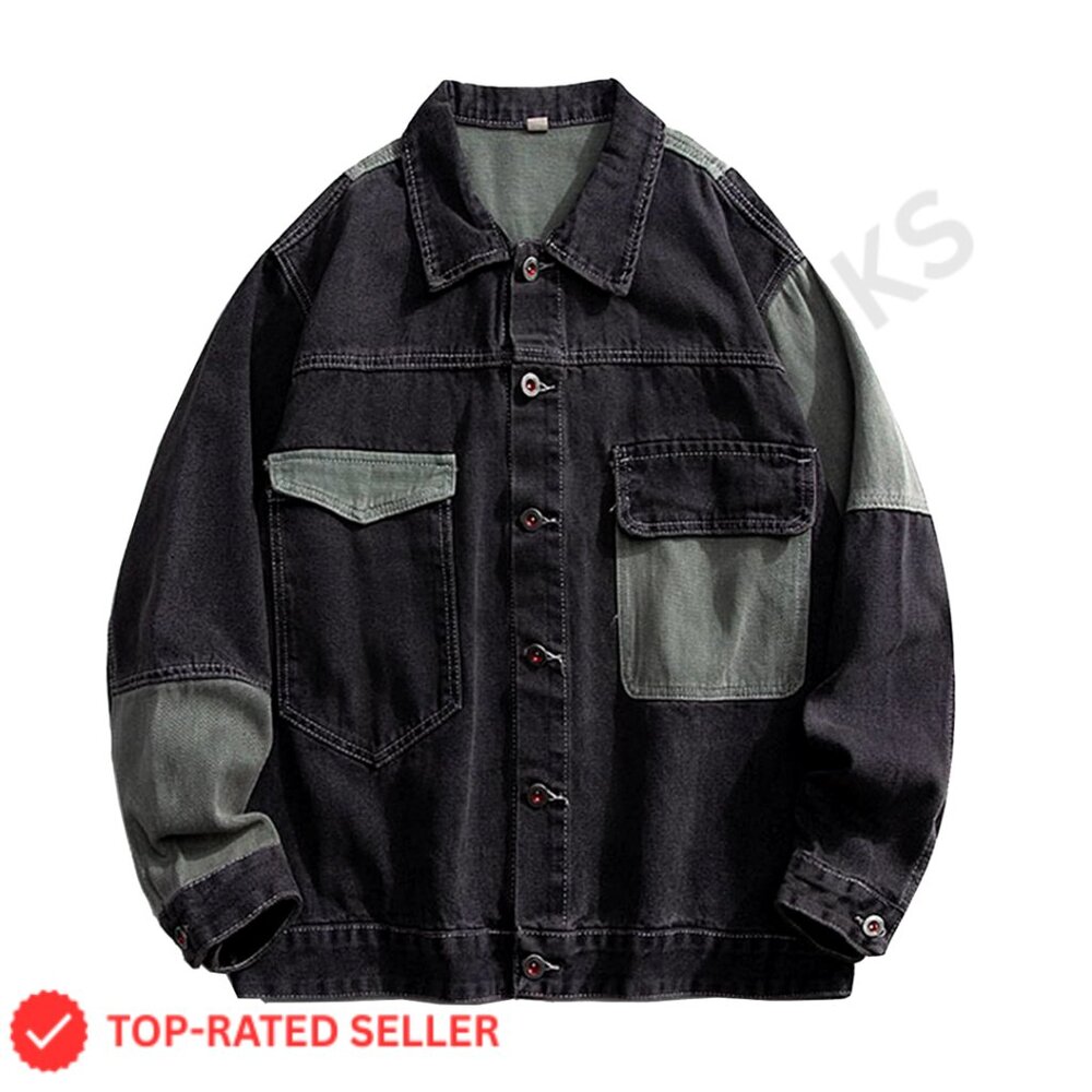 Oversized Denim Jacket Patchwork Classic Retro Y2… - image 1